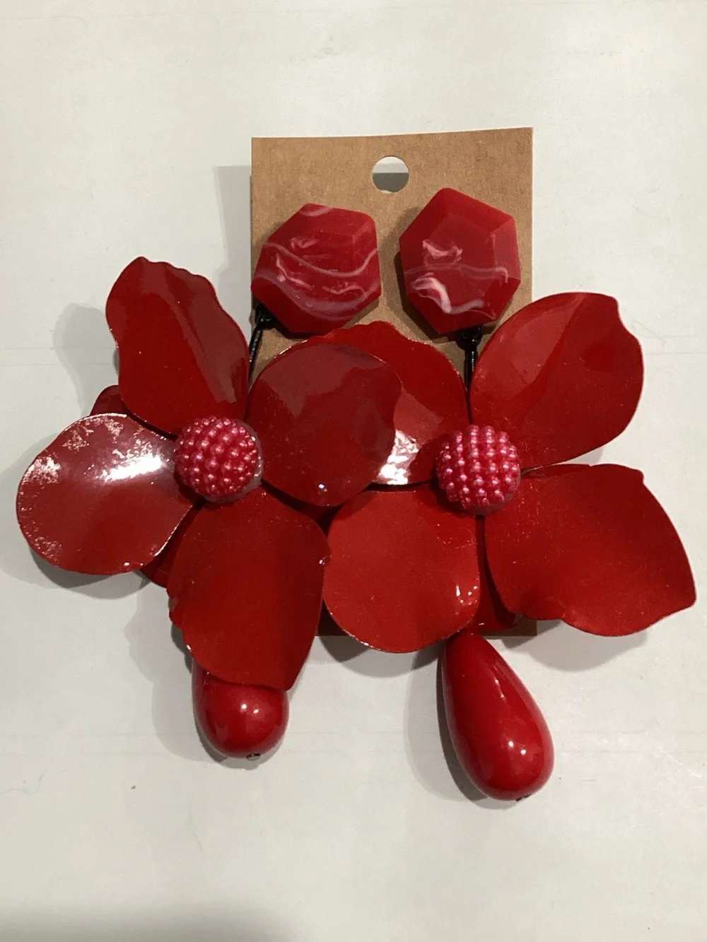 Red Floral Statement Drop Earrings - Women Accessories